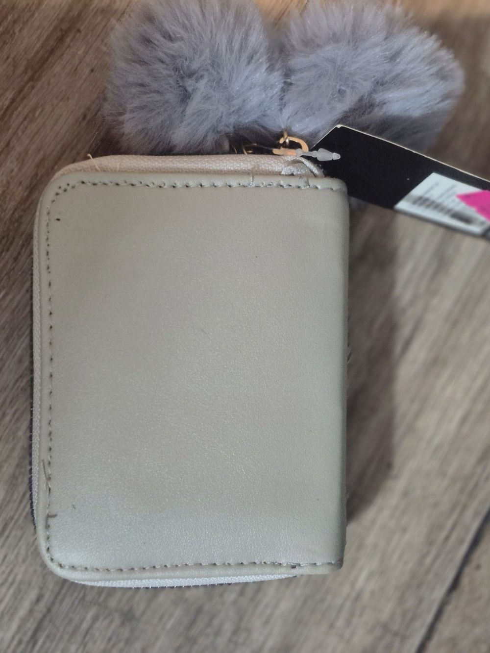 Neutral Cream Zip Wallet with Gray Pom Charm